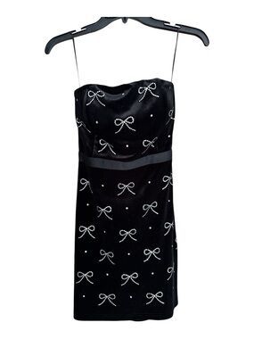 MABLE Velvet Strapless Mini Dress S Black with Rhinestone Bow Accents